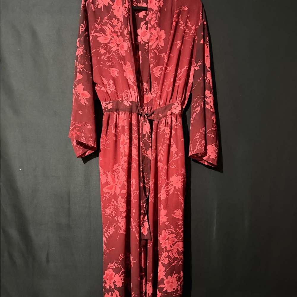 Floral Satin Long Robe in Deep Red - Elegant Lounge Kimono